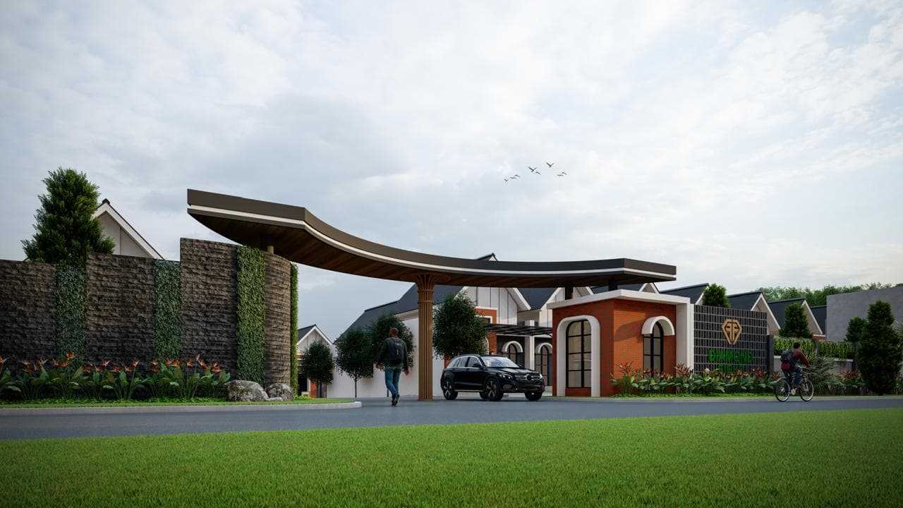 Gerbang lengkung dengan pos keamanan